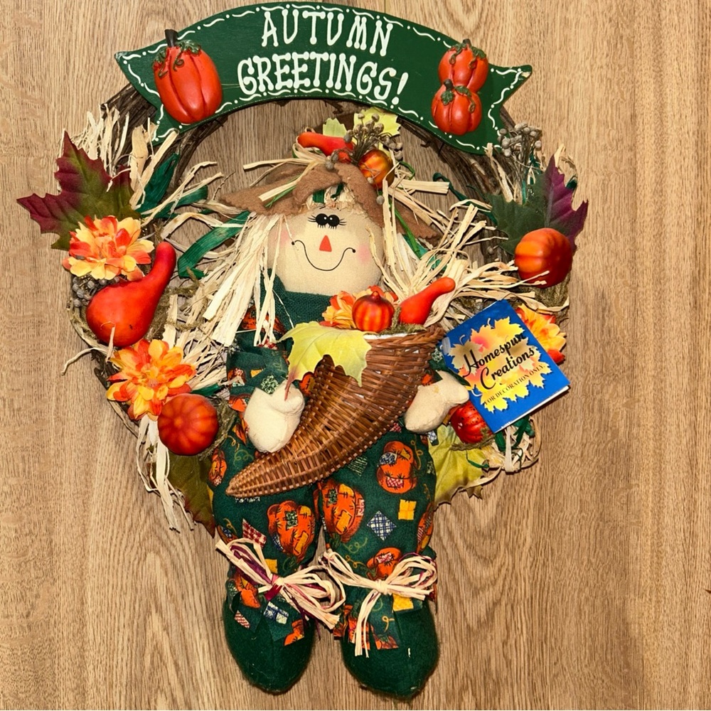 Homespun Creations Fall Wreath  Colors Scarecrow Leaves Decor Door W/Tags 18x13”